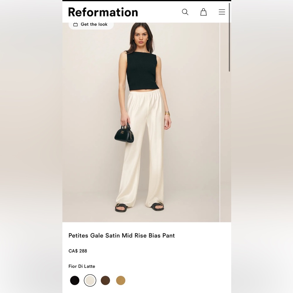Reformation Gale Satin Mid Rise Bias Pant, BNWT, XSP, Fior Di Latte